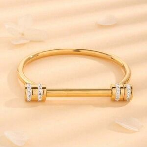 18K Gold Plated 304 Stainless Steel D-Shape Horsebit Crystal Cuff Bracelet New